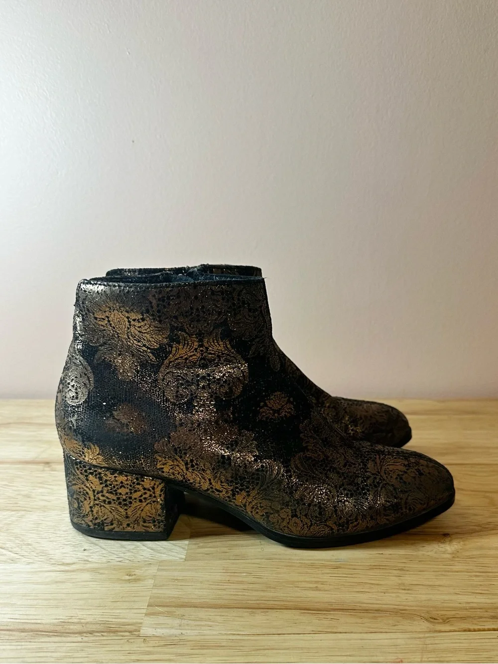 Vagabond Black and Gold Floral Block Heel Ankle Boots